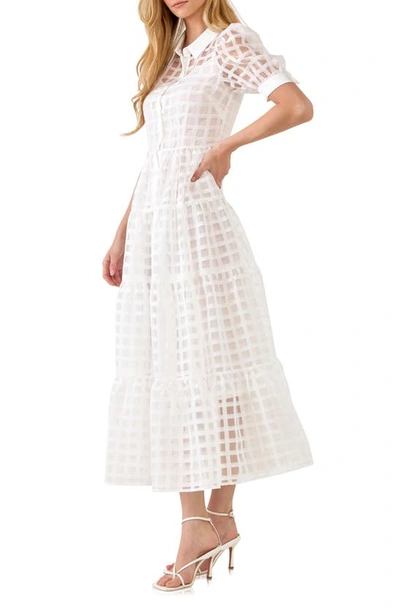 English Factory Grid Pattern Tiered Midi Shirtdress In White