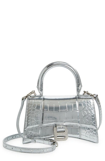 Shop Balenciaga Extra Small Hourglass Metallic Croc Embossed Leather Top Handle Bag In Silver