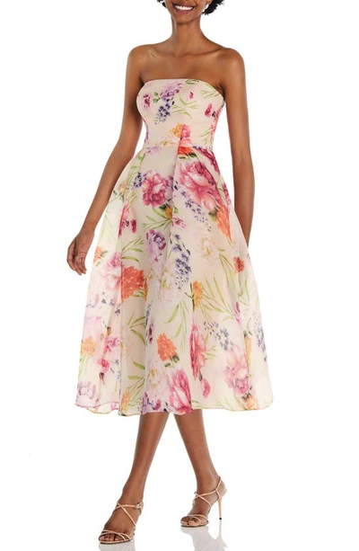 Alfred Sung Strapless Pink Floral Organdy Midi Dress In Penelope Print