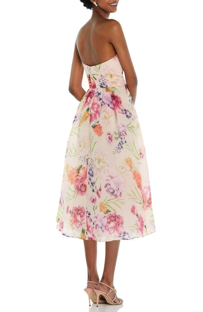 Alfred Sung Strapless Pink Floral Organdy Midi Dress In Penelope Print