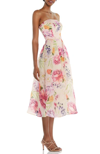 Alfred Sung Strapless Pink Floral Organdy Midi Dress In Penelope Print
