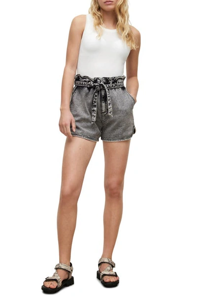 Shop Allsaints Dale Paperbag Waist Denim Shorts In Snow Black