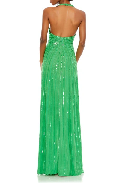 Shop Mac Duggal Sequin Halter Neck Sheath Gown In Spring Green