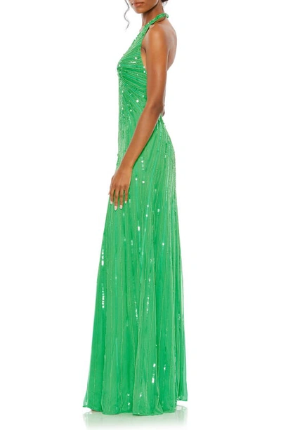 Mac Duggal Sequin Halter Neck Sheath Gown In Spring Green