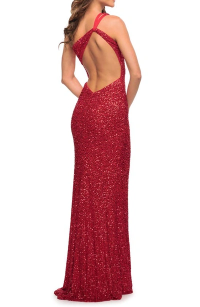 Shop La Femme One-shoulder Sequin Gown In Red