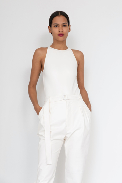 Shop Lapointe Stretch Faux Leather Crew Neck Bodysuit In White