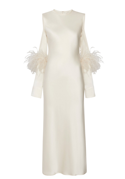 Shop Lapointe Satin Bias Cutout Feather Dress In Cream