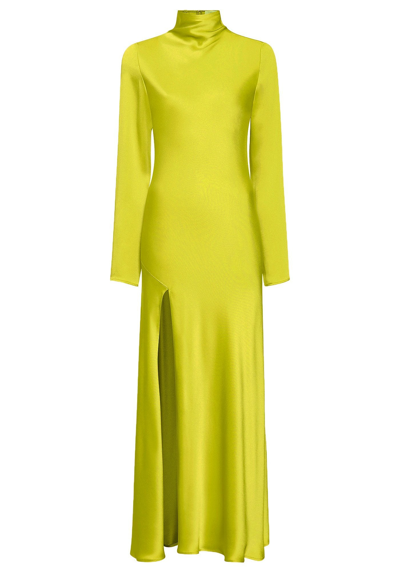 Shop Lapointe Satin Bias Dress With Slit In Chartreuse