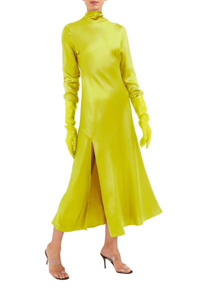 Shop Lapointe Satin Bias Dress With Slit In Chartreuse