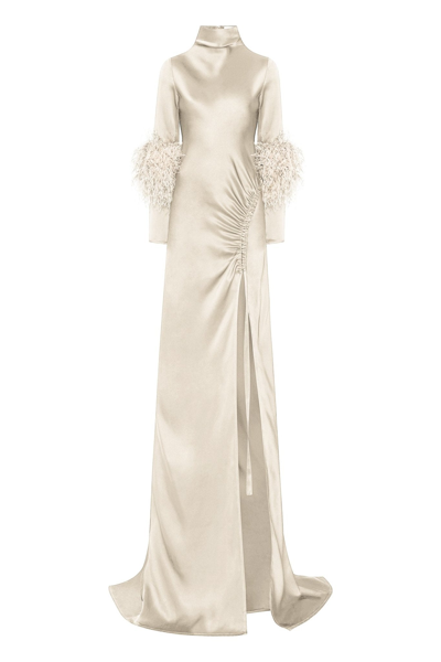 Shop Lapointe Satin Bias Feather Tab Gown With Slit In Cream