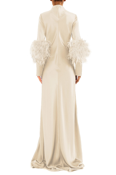 Shop Lapointe Satin Bias Feather Tab Gown With Slit In Cream