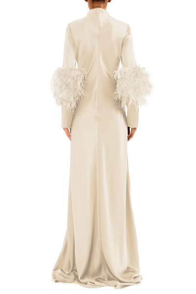 Lapointe Satin Bias Feather Tab Gown With Slit In Cream