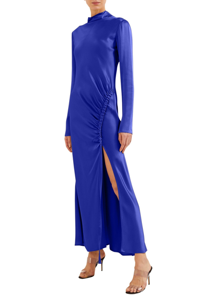 Shop Lapointe Satin Bias Tab Dress With Slit In Indigo