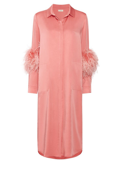 Shop Lapointe Satin Button Down Dress With Feathers In Flamingo