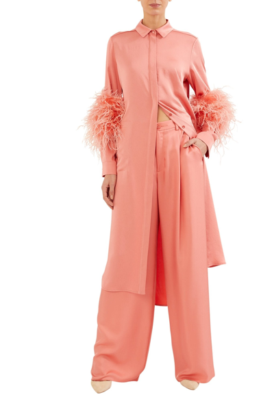 Shop Lapointe Satin Button Down Dress With Feathers In Flamingo