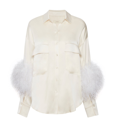 Shop Lapointe Satin Button Down With Feathers In Cream