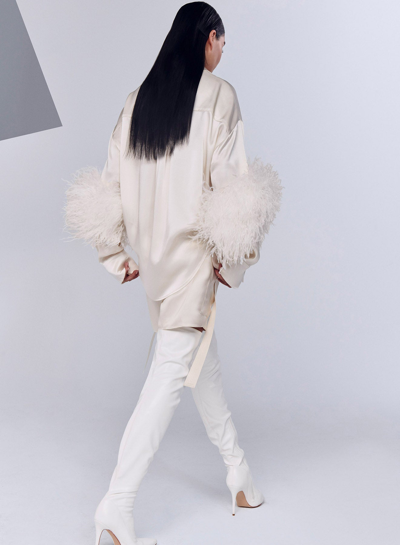 Lapointe Satin Button Down With Feathers In Cream