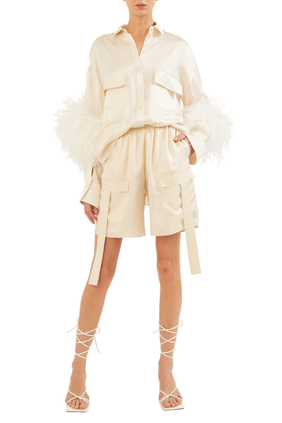 Shop Lapointe Satin Button Down With Feathers In Cream