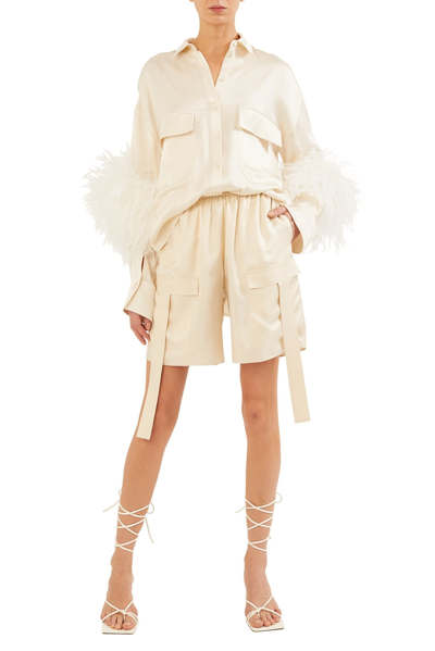 Lapointe Satin Button Down With Feathers In Cream