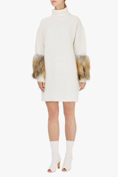 Shop Lapointe Turtleneck Dress With Fox Fur In Ivory