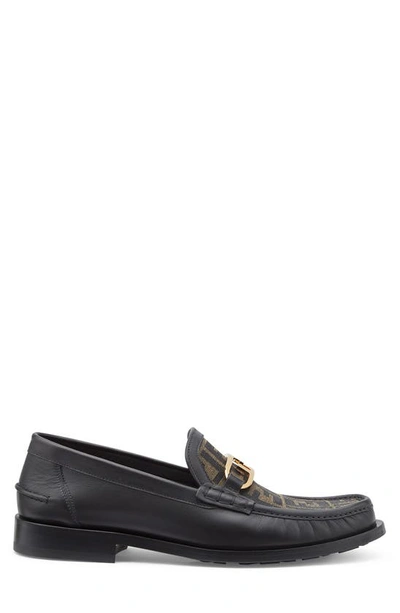 Shop Fendi O'lock Ff Jacquard Vamp Loafer In Black/ Brown