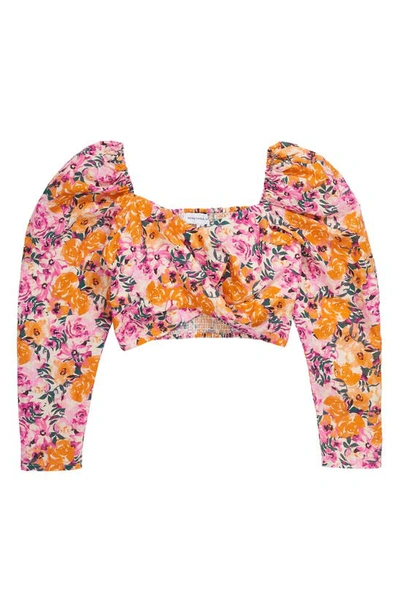 Shop Something Navy Floral Puff Sleeve Linen & Cotton Crop Top In Orange Combo
