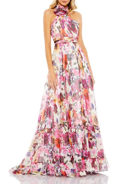Shop Mac Duggal Floral Rosette Halter Neck Gown In Pink/ White Multi