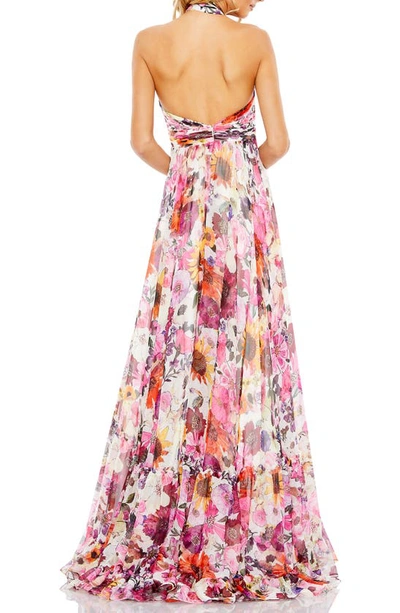 Shop Mac Duggal Floral Rosette Halter Neck Gown In Pink/ White Multi