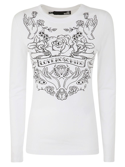 Shop Love Moschino Rhinestone Embellished Graphic Print Long Sleeved T In White