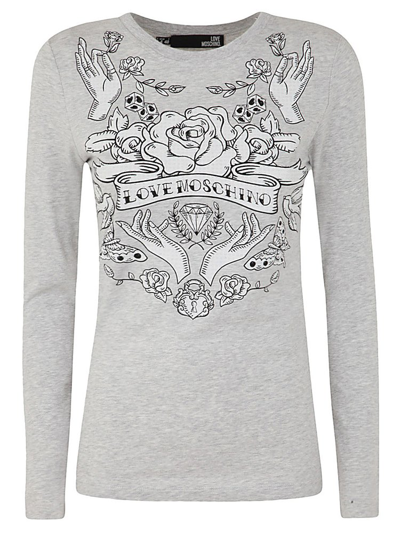 Shop Love Moschino Rhinestone Embellished Graphic Print Long Sleeved T In Grey