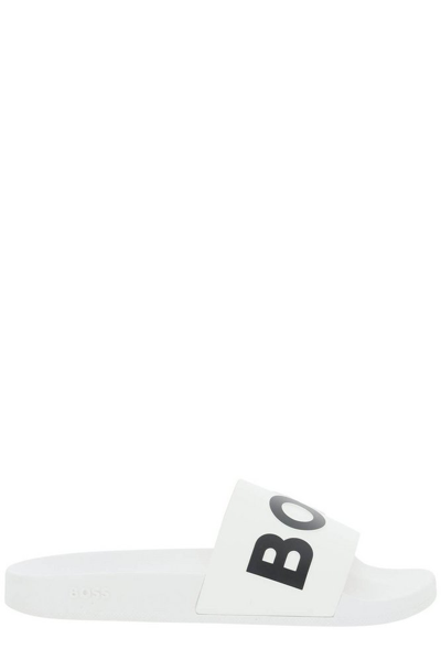 Shop Hugo Boss Boss  Logo Printed Open Toe Slides In White