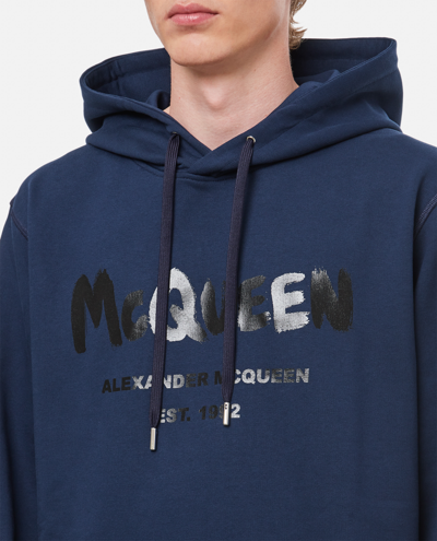 Shop Alexander Mcqueen Cotton 'graffiti' Hoodie Sweatshirt In Blue