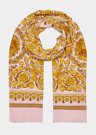 Shop Versace Barocco-print Silk Scarf In English Rose Gold