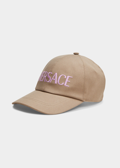 Shop Versace Logo Cotton Baseball Cap In Beige Liatris