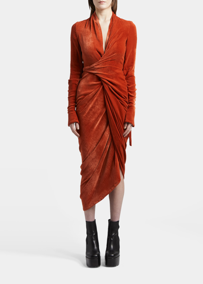 Shop Rick Owens Velvet Wrap Zip-cuff Midi Dress In Orange
