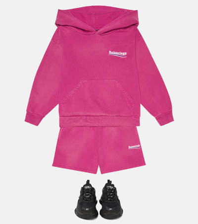 Shop Balenciaga Embroidered Cotton Fleece Hoodie In Dark Fuchsia/wt/blu