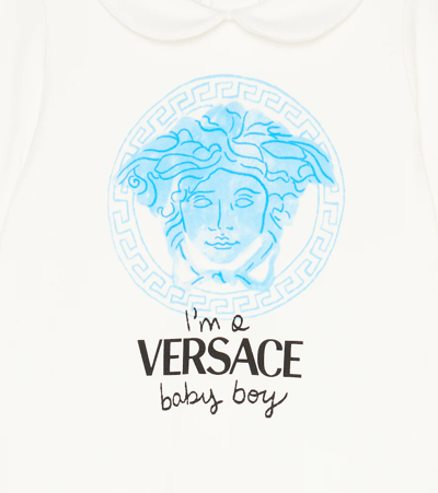 Shop Versace Baby Medusa Cotton-blend Onesie In Bianco+azzurro