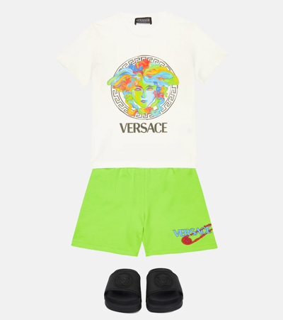 Shop Versace Logo-embroidered Cotton Jersey Shorts In Acid+multicolor