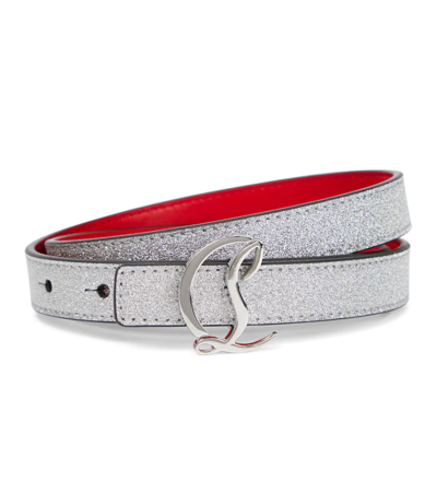 Shop Christian Louboutin Glitter Logo Leather Belt In Silver/silver