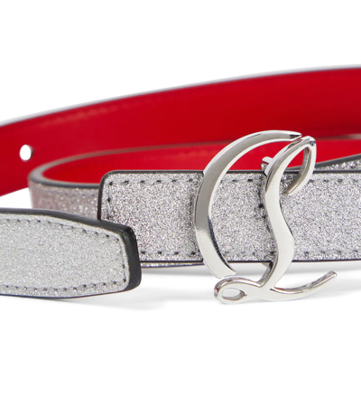 Shop Christian Louboutin Glitter Logo Leather Belt In Silver/silver