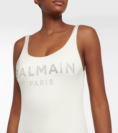 Shop Balmain Embellished Swimsuit In Ivory