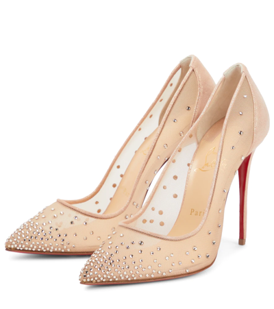 Christian Louboutin Follies 100 Crystal-embellished Mesh And Metallic Leather Pumps In Version Light Silk