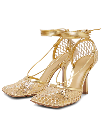 Bottega Veneta 90mm Macrame Metallic Ankle-wrap Pumps In Gold