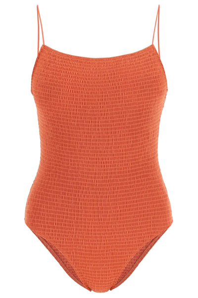 Shop Totême Toteme Smocked Swimsuit In Orange