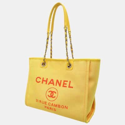 Pre-owned Chanel Yellow Canvas Leather Deauville Medium Chain Tote Bag
