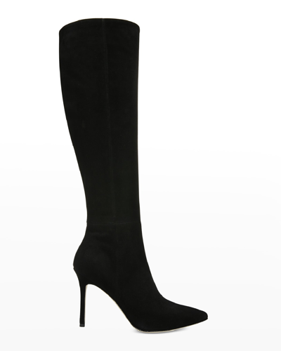 Shop Veronica Beard Lisa Suede Stiletto Wide-calf Knee Boots In Black Suede