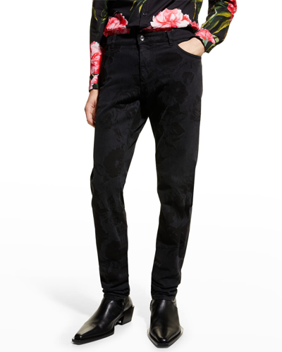 Shop Dolce & Gabbana Men's Tonal Floral Jacquard Jeans In Black
