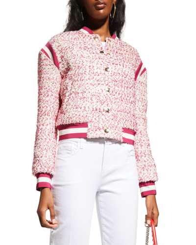 Shop Alice And Olivia Keri Varsity Bomber Jacket In Off White Raspber