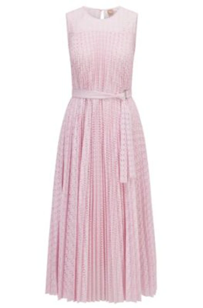 Hugo Boss Belted Dress In Stretch Lace With Cotton Lining In Light Pink |  ModeSens
