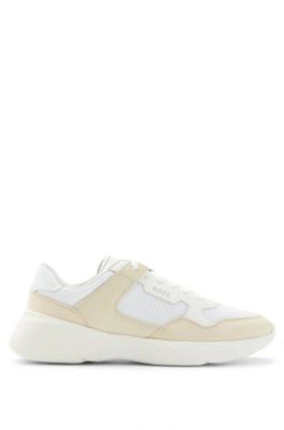 Shop Hugo Boss Hybrid Trainers With Bonded Leather And Mesh In Light Beige